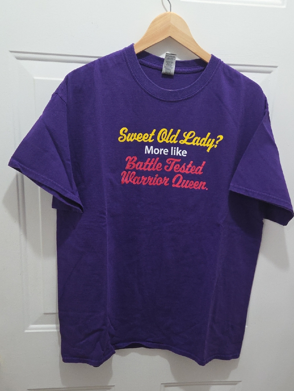Gildan Purple Crewneck Tee with Multicolor Script Accent XL